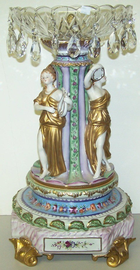 CLASSICAL STYLE CENTER BOWL: Having cut glass bowl with prism decoration, raised on figural stand depicting classical beauties surrounded by floral decoration, approximate height 25 1/4''.