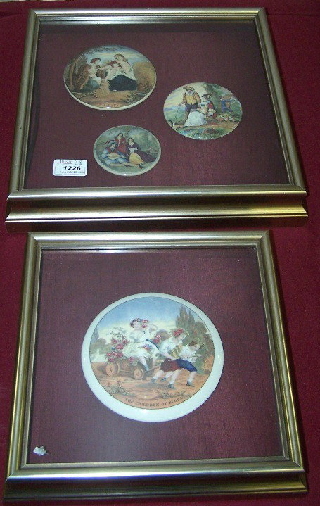 ***FOUR 19TH C. POT LIDS: Enclosed in 2 shadow boxes, gentleman serenading lady, hunting scene, ''Charity'' and ''The Children of Flora''.
