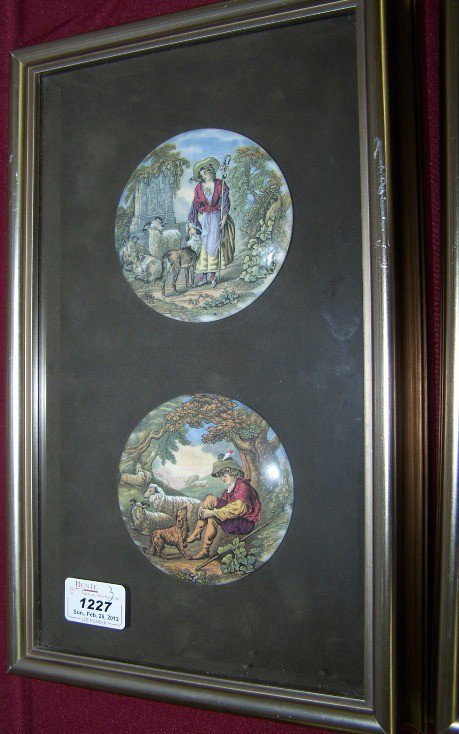 ***SEVEN 19TH C. POT LIDS: Enclosed in 3 shadow boxes, shepherdess, shepherd boy, boy eating lobster, children playing with hens, bear hunt, XMas Eve and girls with goats.
