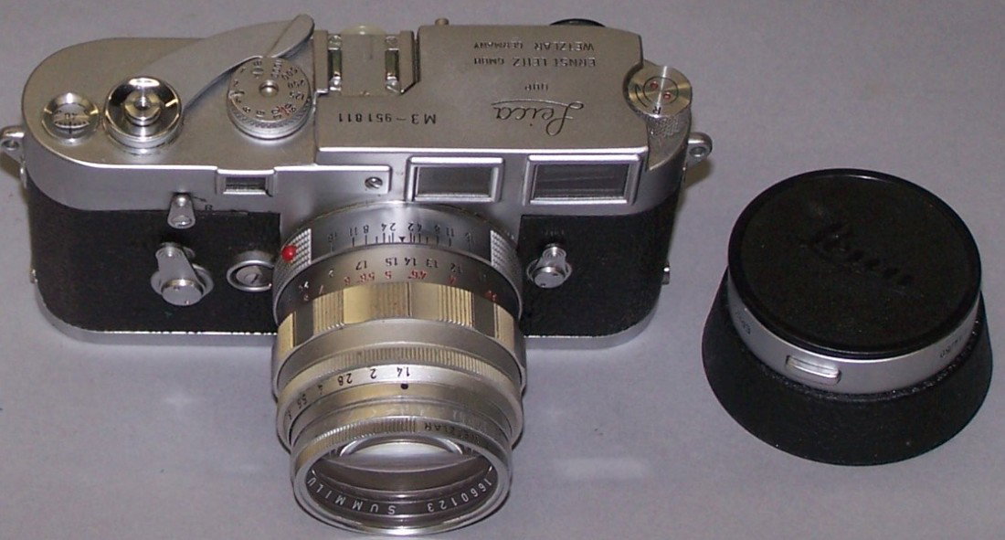 LEICA M3 CAMERA: Serial #951811, marked Leica DBP Ernst Leitz GMBH Wetzlar Germany, with attached lens, Leitz Wetzlar 1660123 Summilux 1:1.4/50 and case,