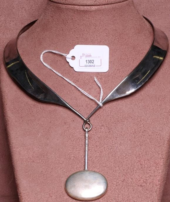 GEORG JENSEN STERLING SILVER COLLAR NECKLACE: Complete with pendant drop, signed ''Georg Jensen'', numbered ''160'', designed by Torun, complete with original case.