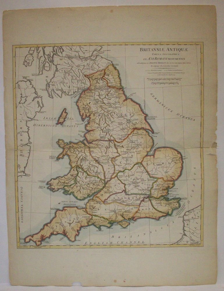 ***UNFRAMED ANTIQUARIAN ENGRAVED MAP: ***UNFRAMED ANTIQUARIAN ENGRAVED MAP| With later hand coloring, "Britain Antique", produced by Robert Sayer & Bennett, published circa 1775, approximate size of engraved area 21 3/4" x 20 1/2", total