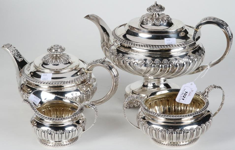 ***ENGLISH 4 PIECE STERLING SILVER TEA & COFFEE S: Maker's mark ''For Rebecca Emes and Edward Barnard'', city mark ''London'', date mark ''1816-17'', having lobed body with leaf design handles, approximate weight 71 troy ounces.