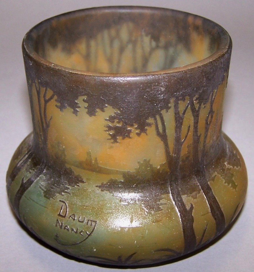 ***DAUM NANCY CAMEO GLASS VASE: Cut light green to green, with landscape decoration, signed ''Daum Nancy'', approximate height 3 3/4''.