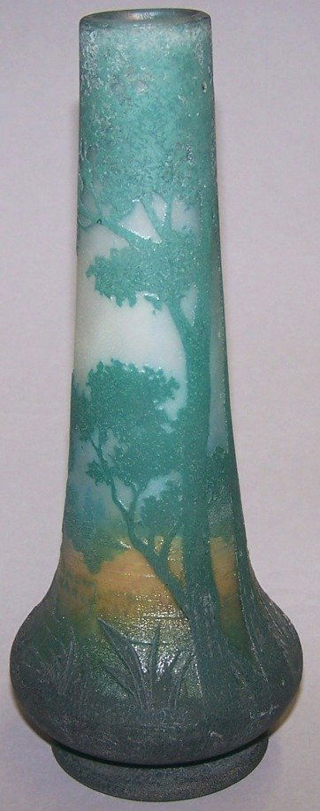 ***DAUM NANCY CAMEO GLASS VASE: Cut light green to green to frost, with landscape decoration, signed ''Daum Nancy'', approximate height 8 3/4''.