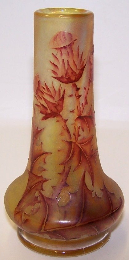 ***DAUM NANCY CAMEO GLASS VASE: Cut yellow to red, with floral and leaf decoration, signed ''Daum Nancy'', approximate height 4 1/2''.