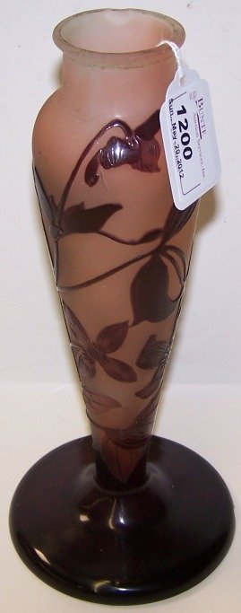 ***GALLE CAMEO GLASS LAMP BASE: Vase form, cut purple to peach, signed ''Galle'', approximate height 9 1/2''.