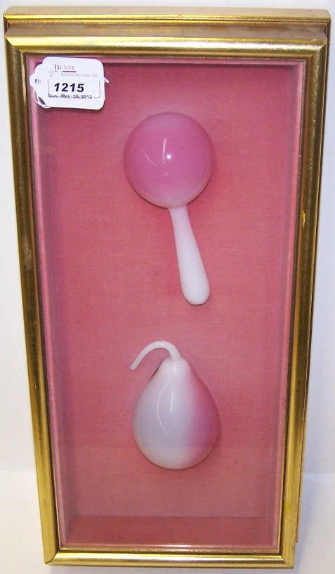 MT. WASHINGTON PEACH BLOW GLASS SOCK DARNER & PEA: Contained in shadow box frame.