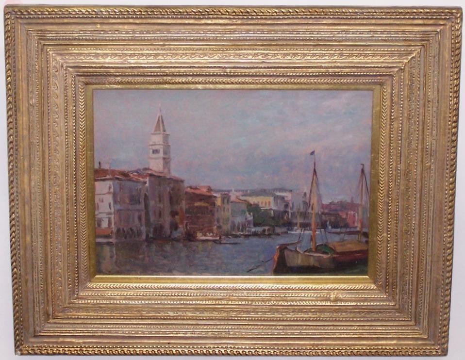 ***GROVER, OLIVER DENNETT: (1861-1927 American) ''Grand Canal'', oil on wood panel, signed and dated 1913 lower left, housed in Stanford White frame, approximate image size 9 3/4'' x 13 3/4'', frame size 17 1/2'' x 21 1/2''.