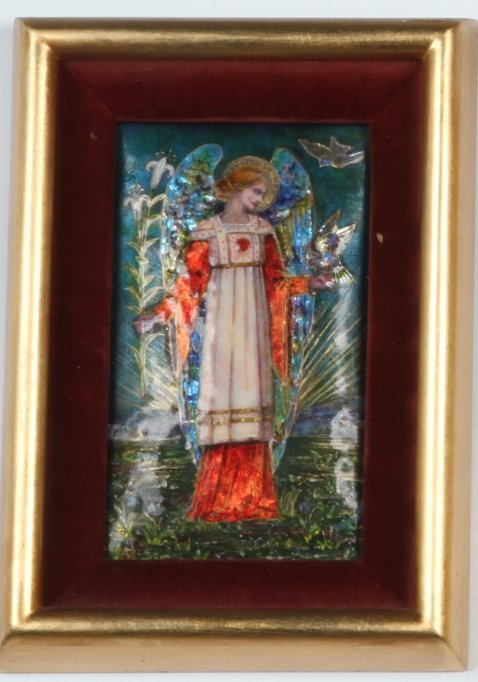 ***CONTINENTAL ENAMEL ON COPPER PLAQUE: Depicting angel with birds, signed lower right ''AM for Ernestine Mann'', contained in fabric and gilt wood frame, approximate plaque size 6'' x 3 1/2''.