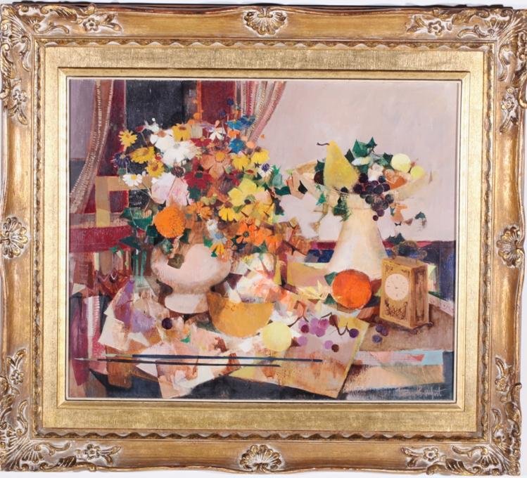 ***BONFORT, ROBERT VERNET: (Born 1932 French) Still life with flowers and clock on table, framed oil on canvas, signed lower right, approximate image size 23 1/2'' x 28 1/4'', frame size 34'' x 38''.