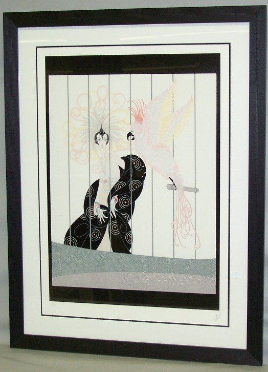 ***ERTE: (1892-1990 Russian/French) Woman with parrot, framed serigraph on paper, signed in pencil lower right, numbered 7/300 lower left, approximate image size 25'' x 18'', frame size 34 3/4'' x 25 3/4''.