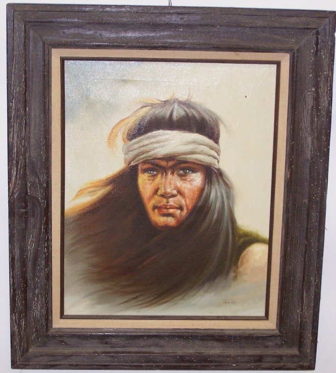 ***PERILLO, GREG: (Born 1929 American) Portrait of Native American man, approximate image size 20'' x 16'', frame size 27'' x 23''.