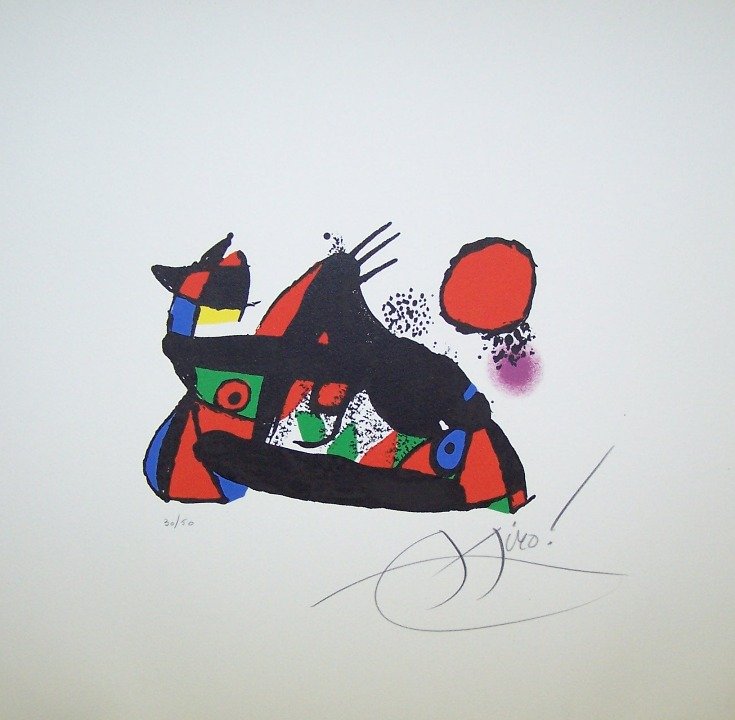 ***MIRO, JOAN: (1893-1983 Spanish) Untitled abstract, unframed color lithograph on paper, signed in pencil lower right, numbered 30/50 in pencil lower left, approximate paper size 14 1/2'' x 13 3/4''.