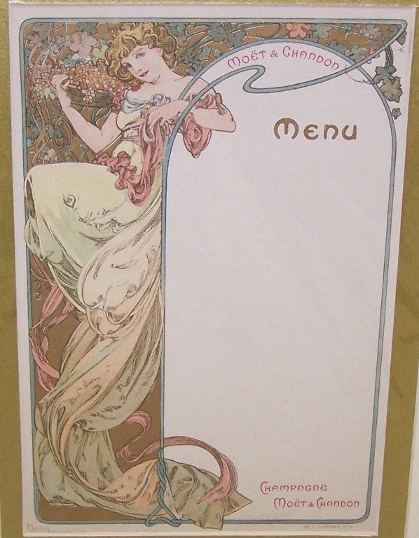 ***AFTER ALPHONSE MUCHA: (1850-1939 Czechoslovakian/American) Unframed and matted stenciled lithograph menu for Moet & Chandon, approximate image size 8 1/2'' x 5 3/4'', mat size 13 1/4'' x 10 1/4''.