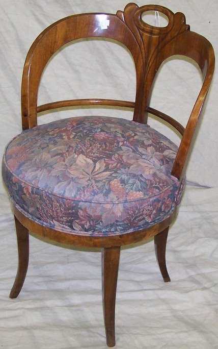 VICTORIAN BOUDOIR CHAIR: Having arched back and floral upholstered seat, approximate height 31'', width 21 1/2'', depth 22''.