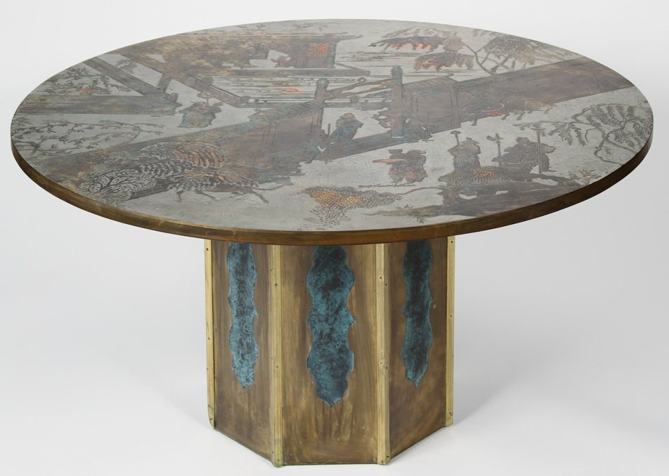 ***PHILIP & KELVIN LAVERNE BRONZE CLAD DINETTE TA: Having circular top decorated with Chinese scenes, raised on pedestal base, approximate height 26 1/4'', diameter 47''.