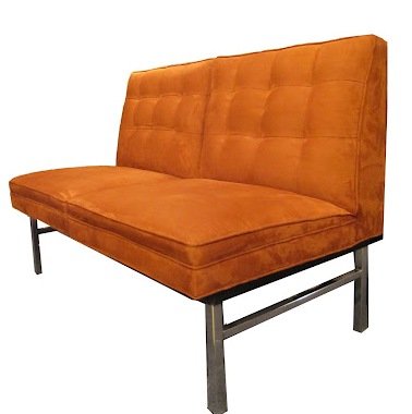 MID-CENTURY MODERN SETTEE: Having rust upholstery and chrome frame, approximate height 32 1/2'', width 48'', depth 23''.