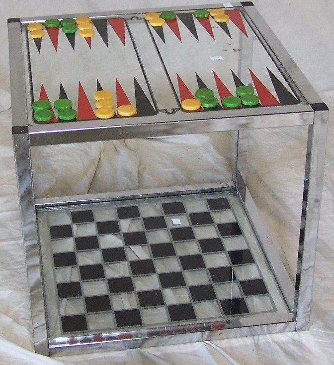 AUSTIN ENTERPRISES BACKGAMMON/CHECKERS GAME TABLE: With Bakelite chips, approximate height 18 1/2'', width 20'', depth 20''.