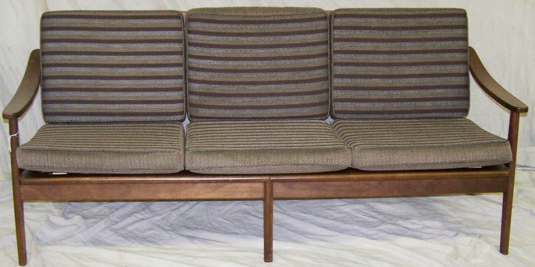 ***THAYER & COGIN SOFA: Designed by Milo Baughman, having brown and gray striped upholstery.