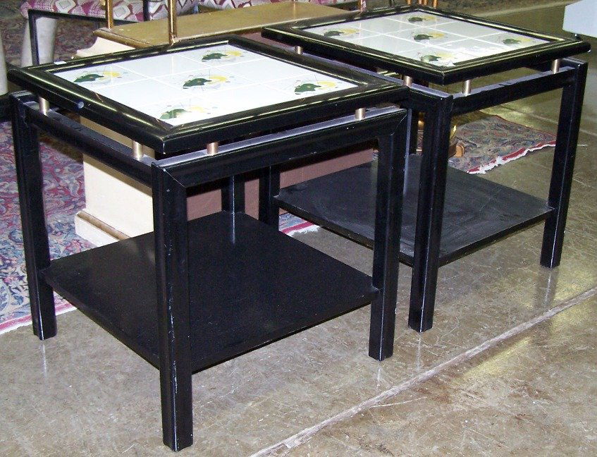 PAIR OF 1950'S TABLES: Having tile top and ebony finish, approximate height 24 1/4'', width 22 1/2'', depth 22 1/2''.