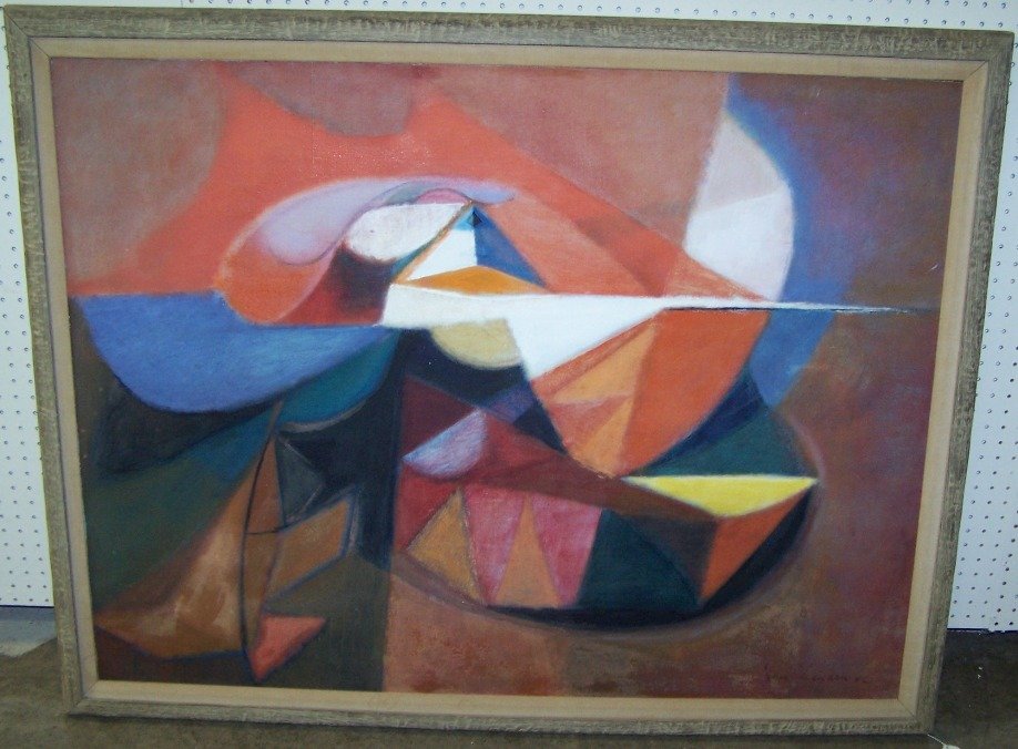 ***IN THE MANNER OF ERNST VAN LEYDEN: ***IN THE MANNER OF ERNST VAN LEYDEN| (1892-1969 Dutch/American) Untitled composition, framed oil on canvas mounted to Masonite panel, signed and dated 1956 lower right, approximate image size 35" x 4