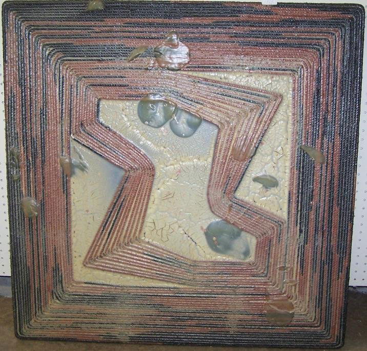 ***HOGAN, PATRICK| (20th Century American): ***HOGAN, PATRICK| (20th Century American) Untitled, unframed acrylic and rope on canvas, mounted to plywood panel, approximate image size 36 1/2" x 36 1/2", bears Tortue Gallery of Santa Monica, Cali