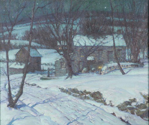 SOTTER, GEORGE WILLIAM| (1879-1953 American) ''De: SOTTER, GEORGE WILLIAM| (1879-1953 American) ''December Night'', framed oil on canvas, image 22'' x 26'', frame 30'' x 34'', signed lower right, dated 1938, titled verso. CONDITION: Very good, needs c