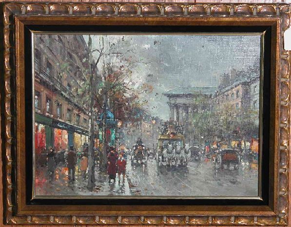 STYLE OF EDOUARD CORTES: (20th Century European) Parisian street scene with coaches and figures, framed oil on canvas, image 13'' x 18'', frame 18'' x 23'', signed lower right Edouard Cortes, has handwritten inventory number