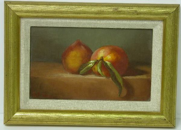 BEIRNE, BERT: (20th Century American) Still life with peaches on a ledge, framed oil on board, image 4 1/2'' x 7 1/2'', frame 6 1/2'' x 10 1/2'', signed lower left. CONDITION: Very good.