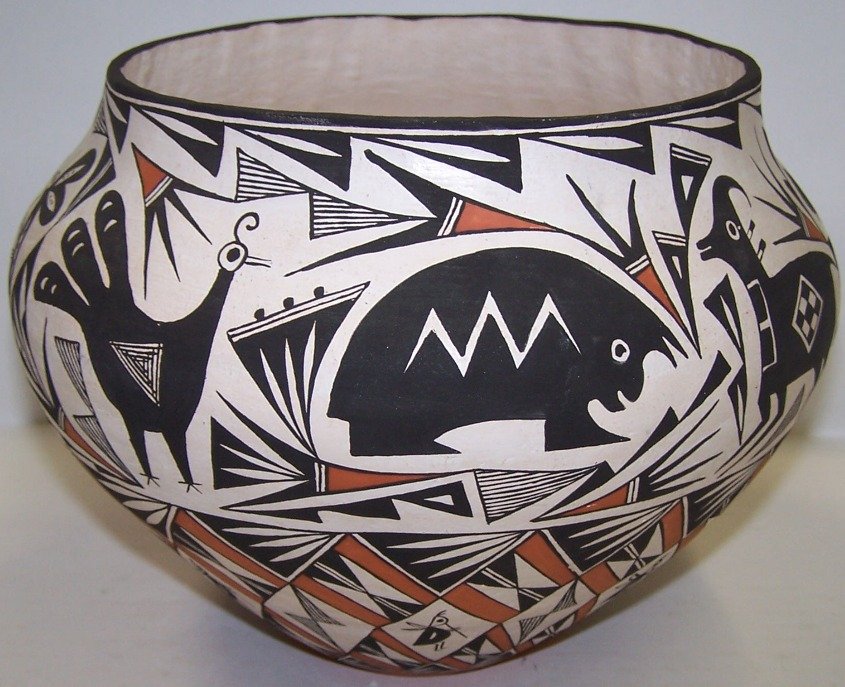 ***ACOMA POT: Having geometric and animal design, marked on bottom ''B.L. Cerno Acoma, New Mexico'', approximate height 6 1/2'', diameter 8 7/8''.