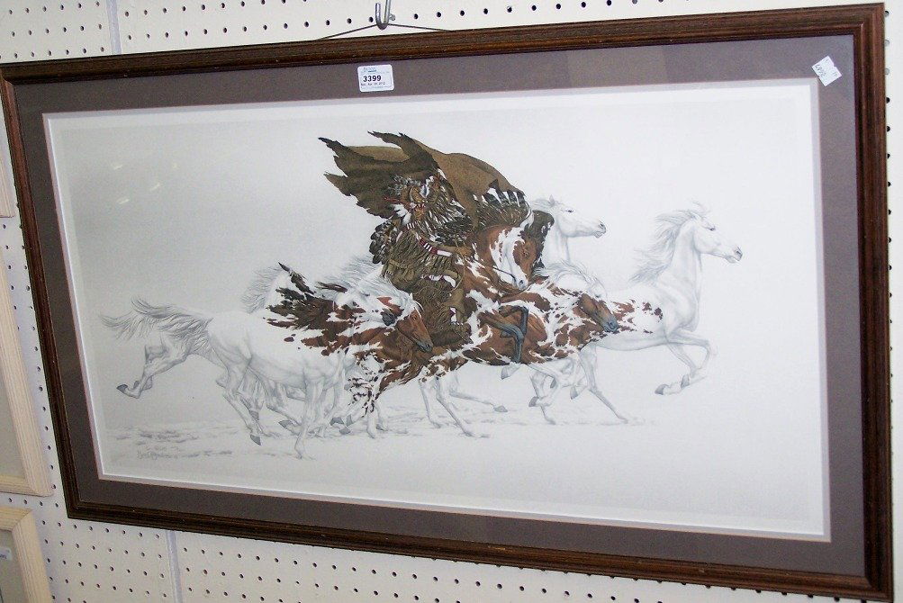***BEV DOOLITTLE: Framed print, ''Eagle's Flight'', signed and titled in pencil lower right, approximate image size 16'' x 32 1/2''.