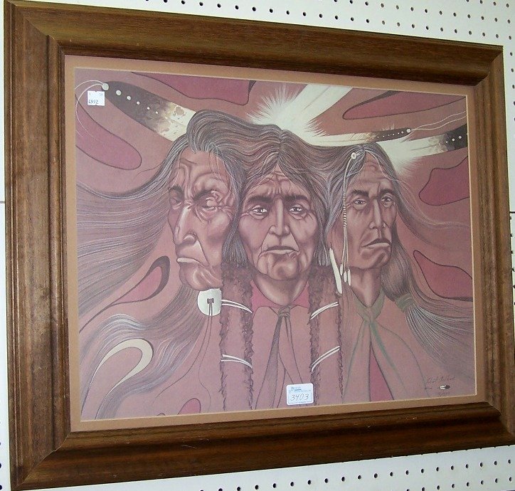 ***ROBERT REDBIRD: Framed print, ''Peyote Chiefs'', numbered in pencil lower right, approximate image size 16 3/8'' x 22 1/4''.