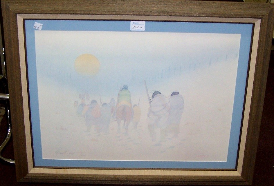 ***DONALD VANN: Framed print, Indians in blizzard, signed and numbered in pencil lower left, approximate image size 15 3/8'' x 21 3/8''.