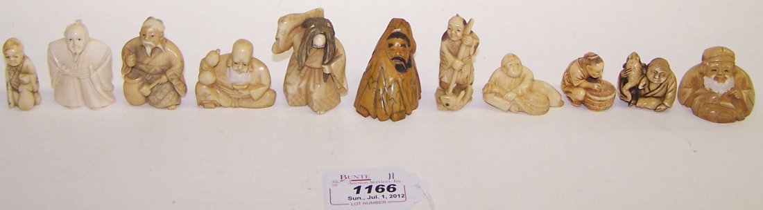 ELEVEN JAPANESE CARVED IVORY NETSUKES: All figural form. Note: Items containing ivory will only be shipped domestically and cannot be shipped to California.