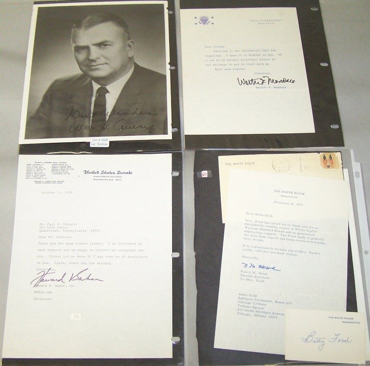 ***NINE AUTOGRAPHED LETTERS, CARDS AND PHOTOGRAP: Betty Ford, William Avery (Governor of Kansas), Joe Biden, Bess Truman, James Mitchell (Secretary of Labor), Walter Mondale, etc.