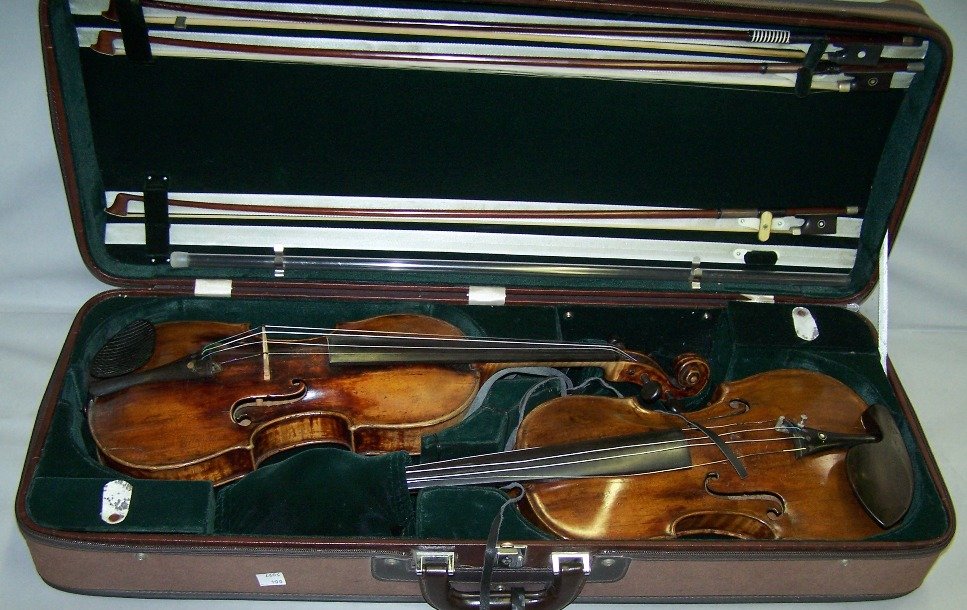 PAIR OF VIOLINS: Marked interior ''Mathias Thir, Fecit Viennae, Anno 1775'', complete with 3 bows, enclosed in fitted case.