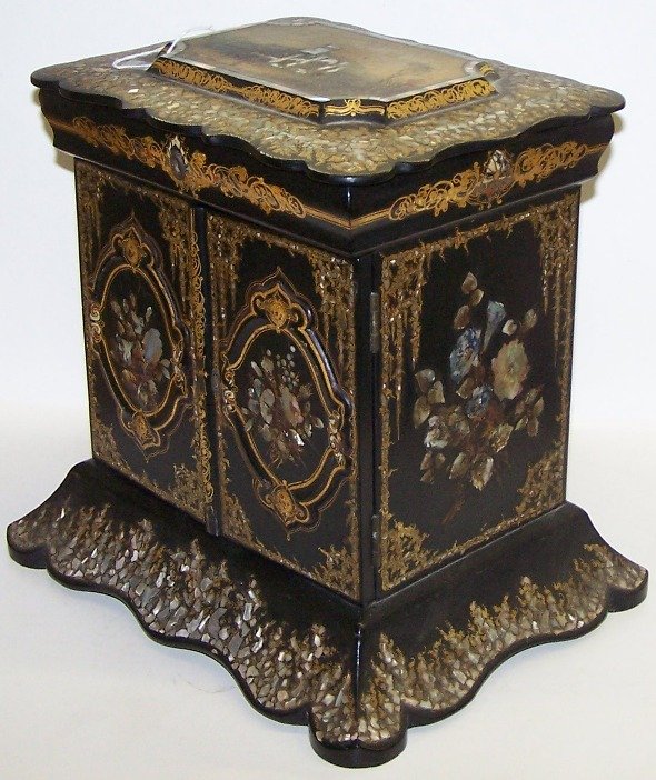 ***PAPIER MACHE JEWELRY BOX: Having hinged top over 2 doors opening to drawers, having mother of pearl decoration depicting flora and architecture.