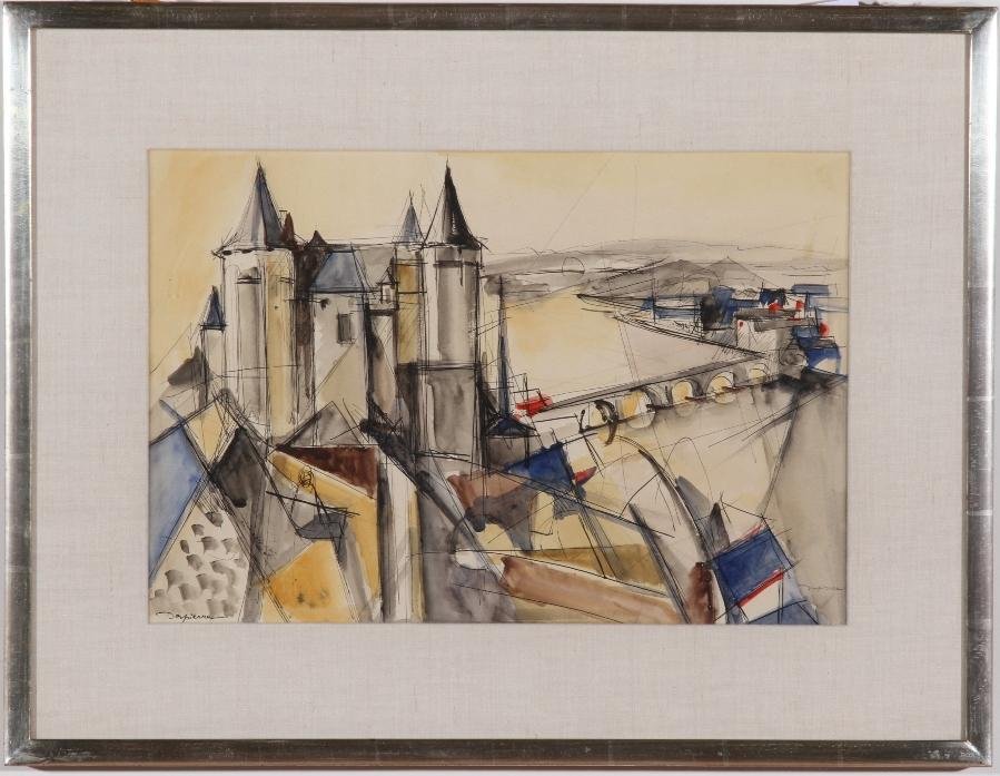 DESPIERRE, JACQUES CERIA: (1912-1955 French) The chateau of Saumur, framed ink and watercolor on paper, signed lower left, approximate image size 13'' x 19'', frame size 21'' x 27''.