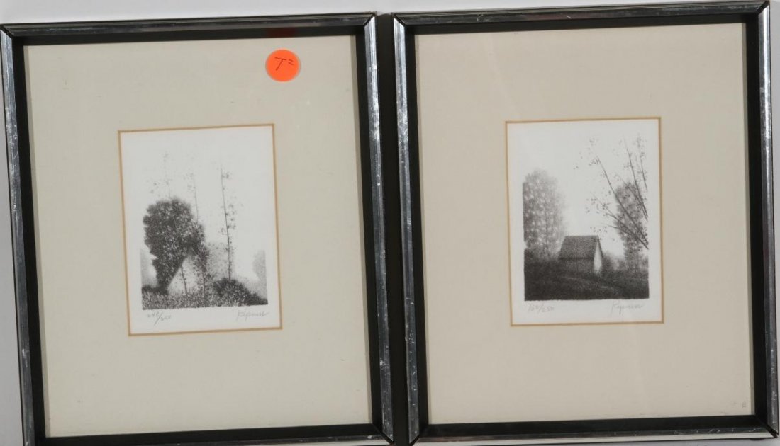 KIPNISS, ROBERT: (Born 1931 American) 2 Framed black and white lithographs on paper, ''The Apple Shed'' and ''Summer Landscape'', signed in pencil, each published in edition of 250, approximate image size 4'' x 3'', f