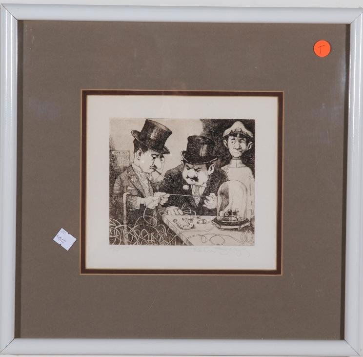 ***BRAGG, CHARLES: (Born 1931 American) Stock ticker 1929, framed etching on paper, signed in pencil lower right, numbered from edition of 300 lower left, approximate image size 6'' x 6 3/4'', frame size 16'' x 15 1/2''