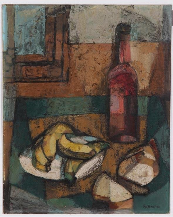 VAN ZANDT: (20th Century American) Cubist style still life, framed oil on board, signed and dated 1956 lower right, approximate image size 20'' x 16''.