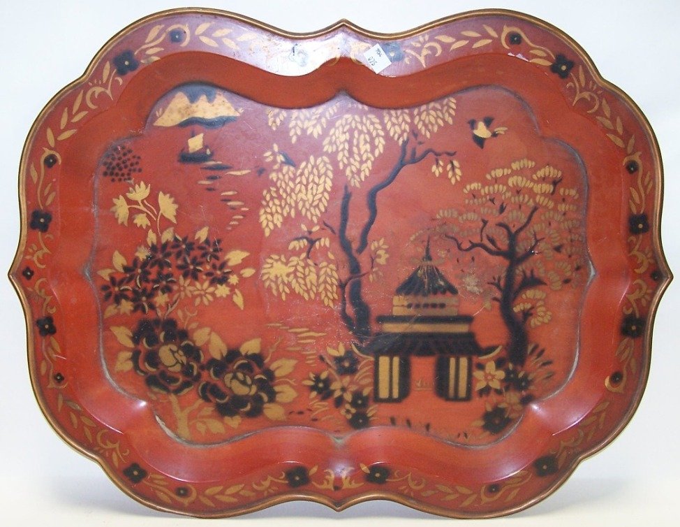 TOLEWARE TRAY| Having cinnabar ground: TOLEWARE TRAY| Having cinnabar ground and Oriental decoration depicting foliage, exotic birds, etc., approximate size 19" x 24 1/4".