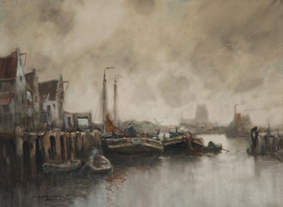 ***RITSCHEL, WILLIAM: (1864-1949 American) Dutch river scene, framed watercolor and gouache painting, signed lower left, approximate image size 21'' x 28'', frame size 30'' x 37''.