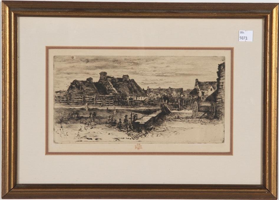 ***BUHOT, FELIX HILAIRE: (1847-1898 French) Landscape with village, framed etching, signed with artist ink stamp bottom center margin, approximate plate size 5 1/2'' x 10 3/4'', larger with margins, frame size 12 1/2'' x 17 1