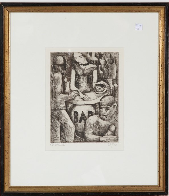 ***GROMAIRE, MARCEL: (1892-1971 French) ''The Bar'', circa 1923, framed etching, signed lower left and numbered 26/30 in pencil lower right, approximate impression size 9 1/4'' x 7'', has larger margins, frame size 19 1/2