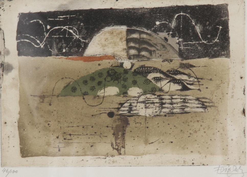 ***FREIDLAENDER, JOHNNY: (1912-1992 German) Abstract composition, framed aquatint etching, signed lower right, approximate image size 6 5/8'' x 9 1/2'', total paper size 14'' x 16 3/4''. Property from the Estate of Mr. Leo He