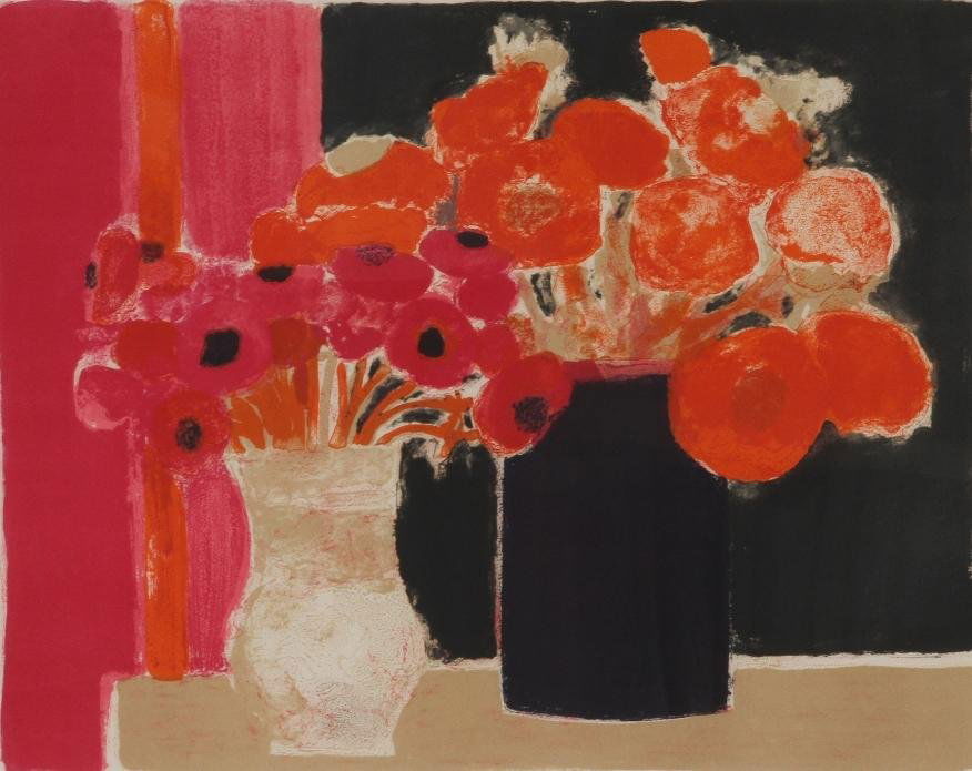 ***CATHELIN, BERNARD: (Born 1919 French) Still life with flowers, framed lithograph, signed lower right and numbered from an edition of 75 lower left, approximate image size 22 1/2'' x 28 1/4'', total sheet measures 29'' x