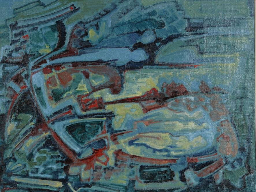 ***ARSETH, SIGMUND: (Born 1936 Norwegian) Abstract, framed oil on burlap type canvas, signed and dated 1983 lower left, approximate image size 39'' x 50 3/4'', frame size 42'' x 54''.