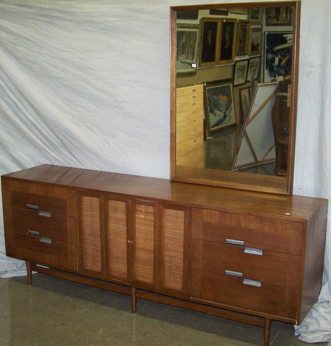 ***FOUR PIECE MID-CENTURY MODERN BEDROOM SET BY A: Comprising pair of nightstands fitted with 2 drawers, approximate height 24'', width 20'', depth 16'', mirrored dresser fitted with 6 drawers and 2 doors, height of dresser 31'', total height with mir